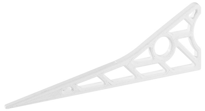Ein dreieckiges Kunststoff-Geodreieck mit offenem Design, das ausgestanzte Formen und ein kreisförmiges Loch aufweist und zum technischen Zeichnen oder Winkelmessen verwendet wird.