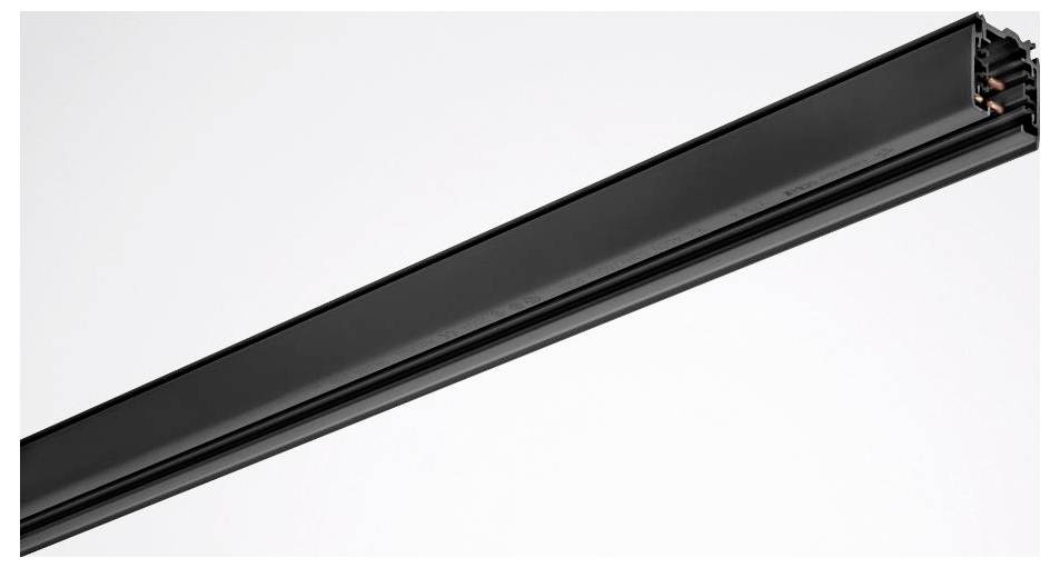 Eine schwarze, rechteckige Stromschiene mit sichtbaren Kupferkontakten an einem Ende, entworfen für an der Decke montierte Schienensysteme für Beleuchtung.