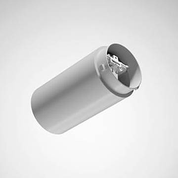 Ein Zylinderkondensator mit metallischem Gehäuse und zwei Anschlüssen oben, verwendet in elektronischen Schaltkreisen zur Energiespeicherung.