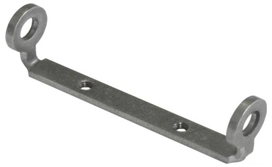 Eine Metallhalterung mit zwei kreisförmigen Schleifen an jedem Ende und zwei zentralen Bohrungen zur Montage, wahrscheinlich für mechanische oder strukturelle Anwendungen verwendet.