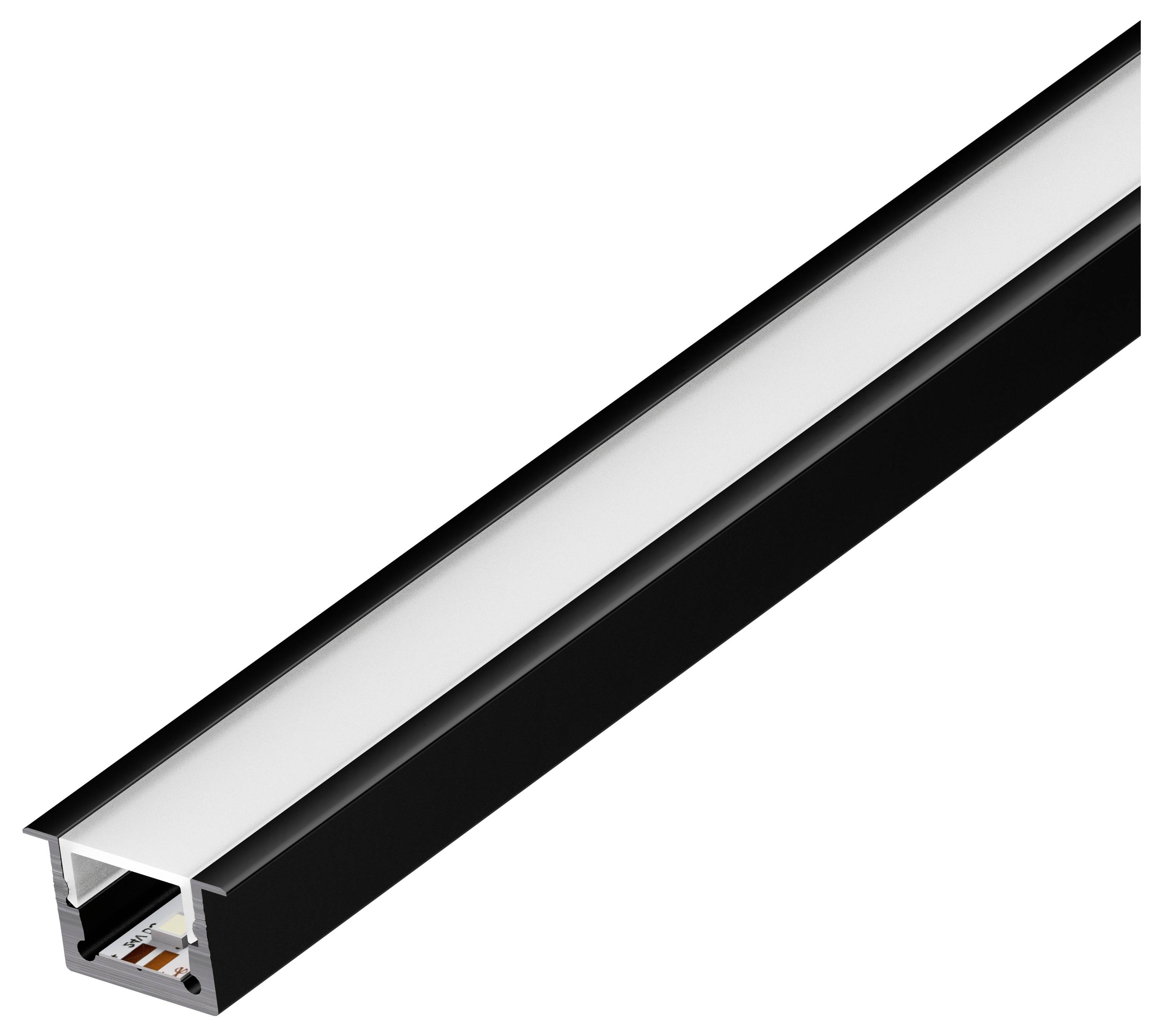 Ein schwarzes LED-Streifenlicht in einem Aluminiumkanal mit mattem Diffusor, geeignet für Umgebungs- oder Akzentbeleuchtungsanwendungen.