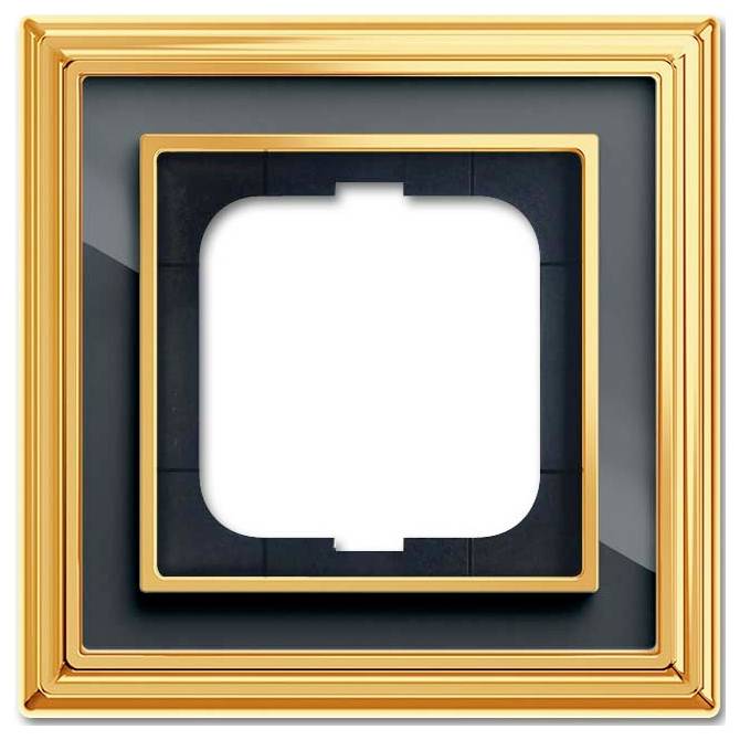 Ein Gold- und Schwarzrahmen mit einer quadratischen Öffnung in der Mitte vor weißem Hintergrund.