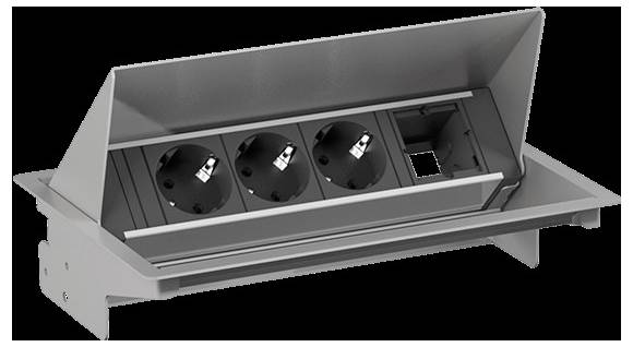 Eine Unterputz-Steckdosendose mit drei europäischen Steckdosen und einem Datenenanschluss, konzipiert zur Montage in Schreibtischen oder Konferenztischen.