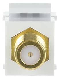 Ein vergoldeter koaxialer F-Stecker mit weißem Gehäuse, typischerweise für Kabel- und Satellitenfernsehverbindungen verwendet.