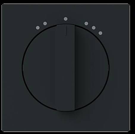Ein schwarzes Zifferblatt mit weißen Punkten, die Stufen oder Optionen anzeigen, vor einem schwarzen quadratischen Panel angebracht, ohne sichtbare Markierungen oder Text.
