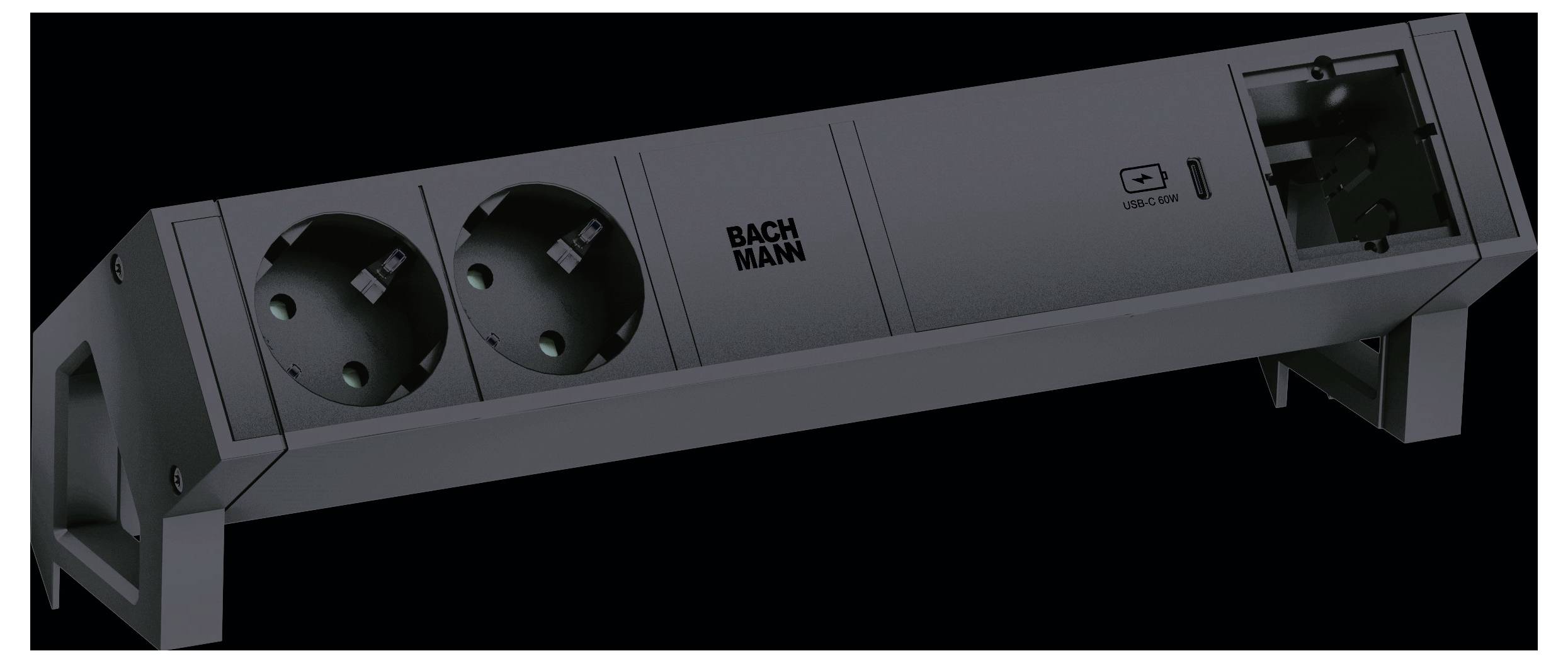 Mehrfachsteckdose der Marke 'Bachmann' mit mehreren europäischen Steckdosen und USB-Anschluss, konzipiert zur Montage auf Oberflächen.