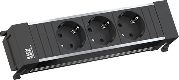 Ein rechteckiger, dreifacher Steckdosenleiste mit schwarzer Ausführung und der Marke 