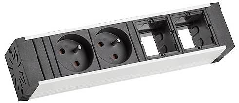 Eine Steckerleiste mit zwei europäischen Steckdosen und zwei zusätzlichen Steckplätzen für Modulteile, die für vielseitige Einsatzmöglichkeiten konzipiert ist.