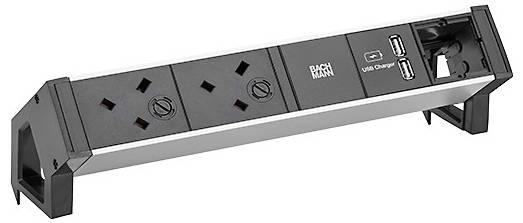 Ein weißes Steckdosenpanel mit einer australischen Steckdose und zwei leeren modularen Steckplätzen. Das Logo 'BACHMANN' ist auf der linken Seite sichtbar.