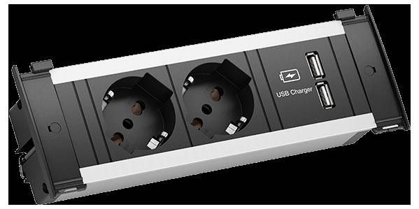 Schwarz-weiße doppelte Steckdose mit zwei USB-Ladeanschlüssen.