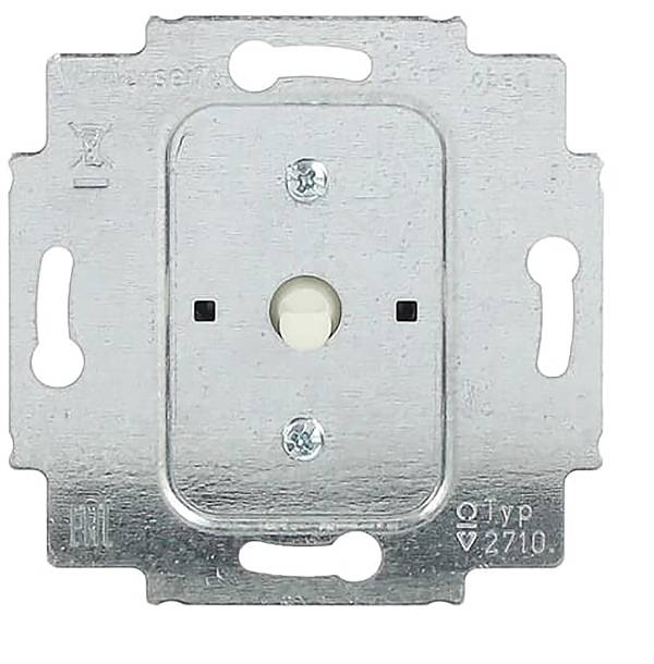 Ein silberner metallischer Lichtschalter-Mechanismus mit einem zentralen Schalthebel und zwei sichtbaren Befestigungslöchern auf einer rechteckigen Grundplatte.