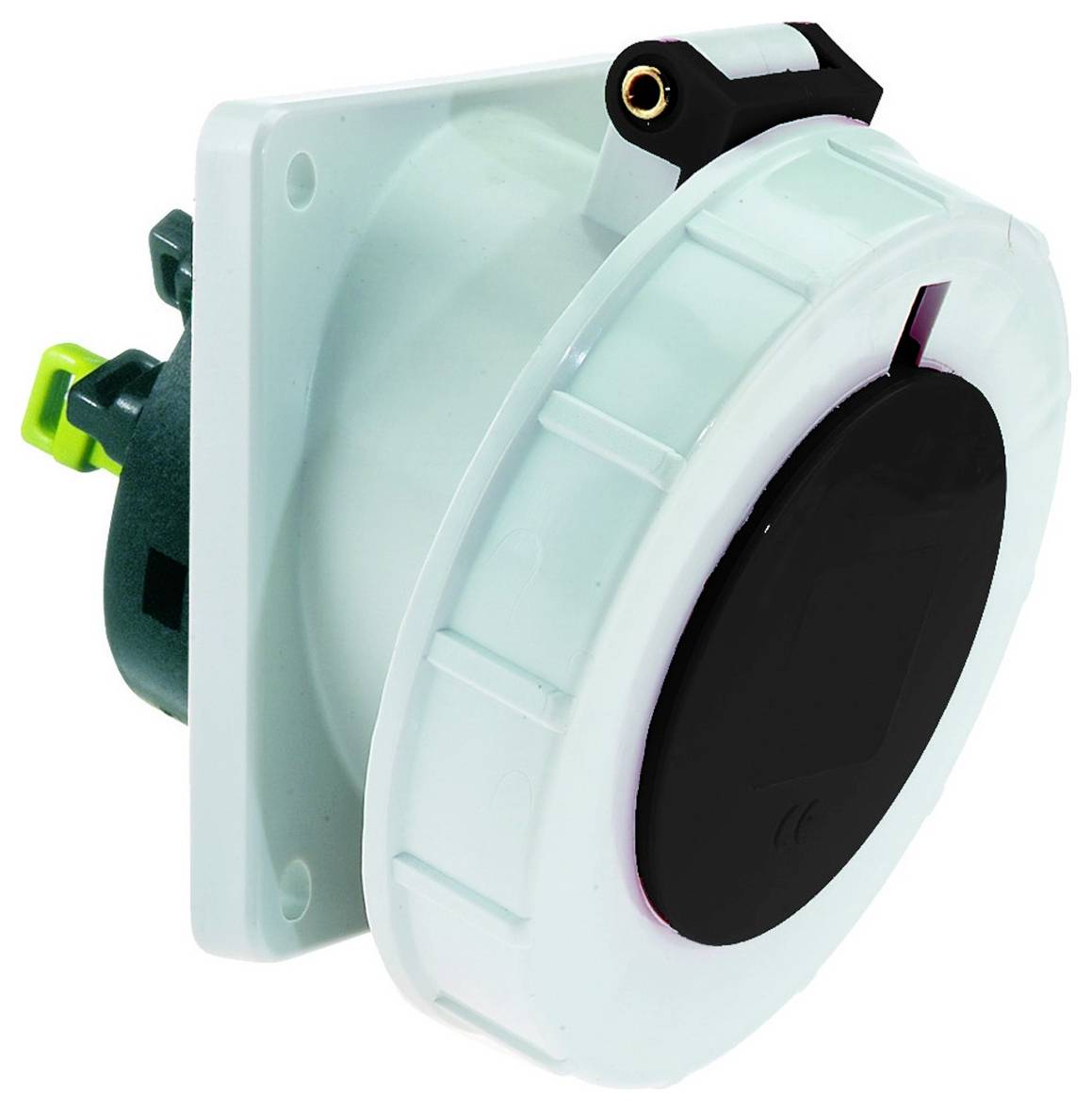 Ein rundes weißes Kunststoff-Elektrostecker mit abnehmbarem Schutzdeckel, montiert auf einer rechteckigen Basis mit Befestigungslöchern.