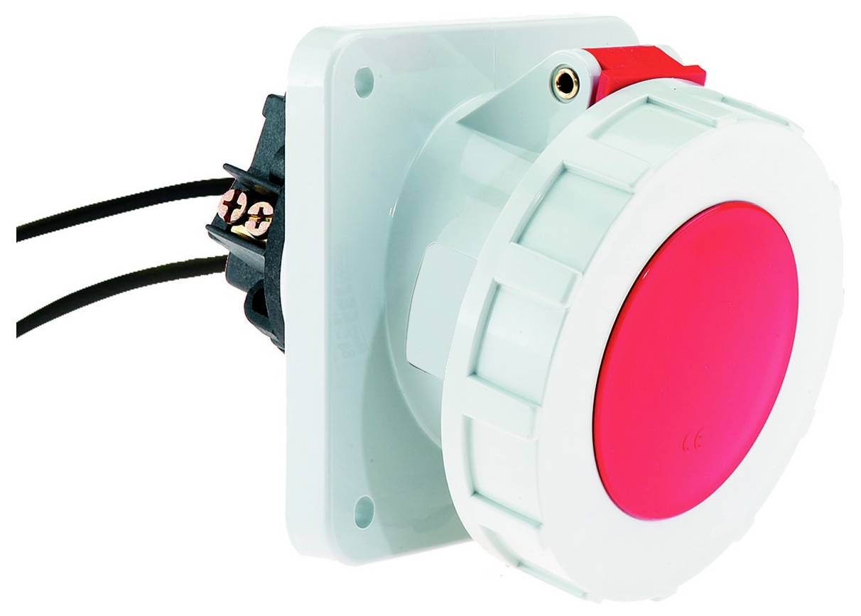 Ein großer roter Notausschalter mit weißem Gehäuse und zwei schwarzen Kabeln, die von der Rückseite abgehen, wird verwendet, um die Stromversorgung schnell zu unterbrechen.