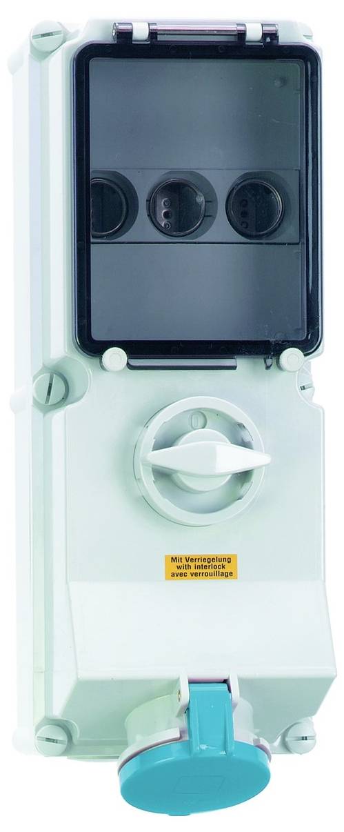 Ein industrieller elektrischer Schalter mit einem Griff und drei kreisförmigen Zifferblättern in einem Kunststoffgehäuse. Unter dem Griff befindet sich ein Warnschild.