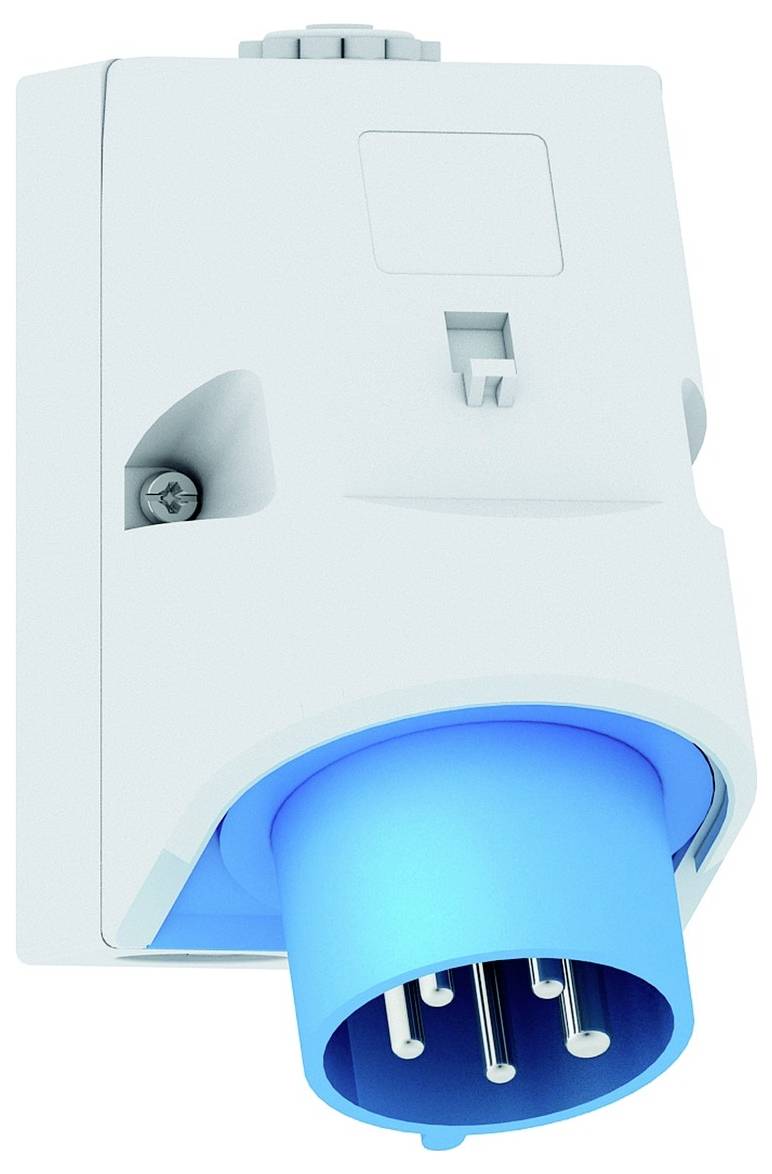 Ein weißer industrieller Stromstecker mit einem blauen Stecker ist dargestellt und verfügt über mehrere Metallstifte für elektrische Verbindungen.