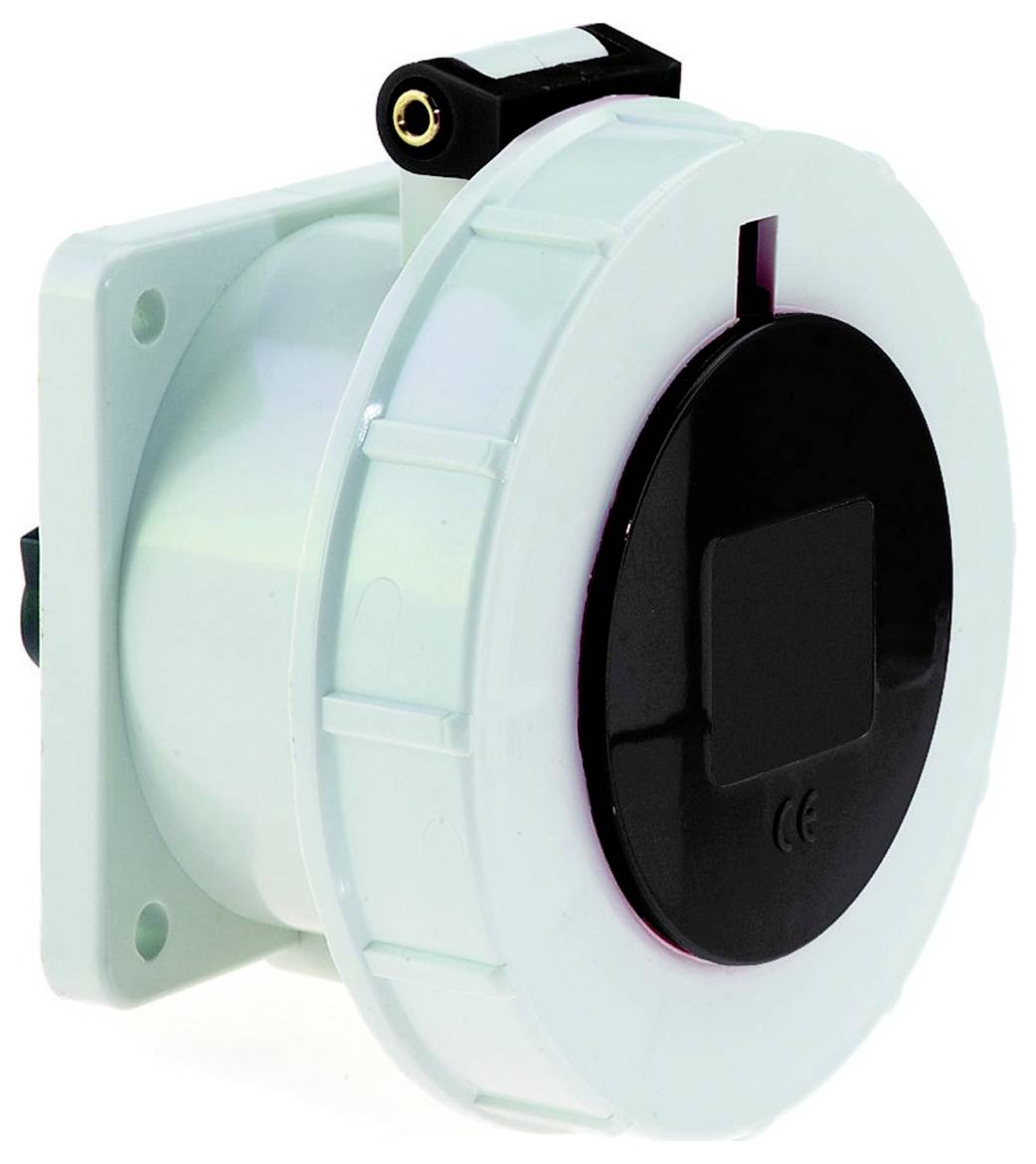 Eine weiße Industrie-Steckdose mit einem roten runden Stecker, typischerweise für Hochspannungsverbindungen verwendet.