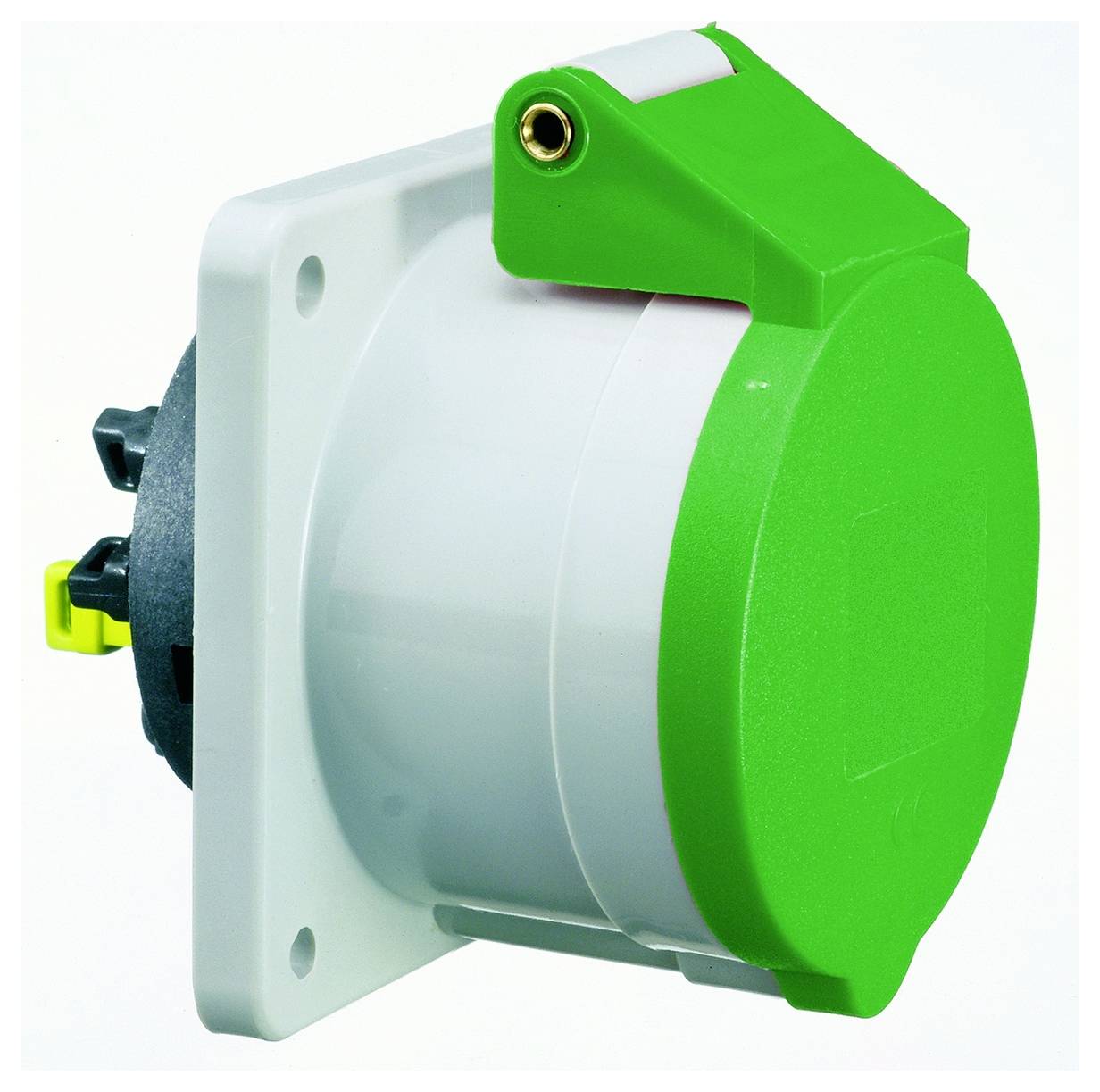 Eine grün-weiße industrielle Steckdose in Winkelausführung auf einer Wandplatte montiert, mit einer Schutzkappe für elektrische Sicherheit.