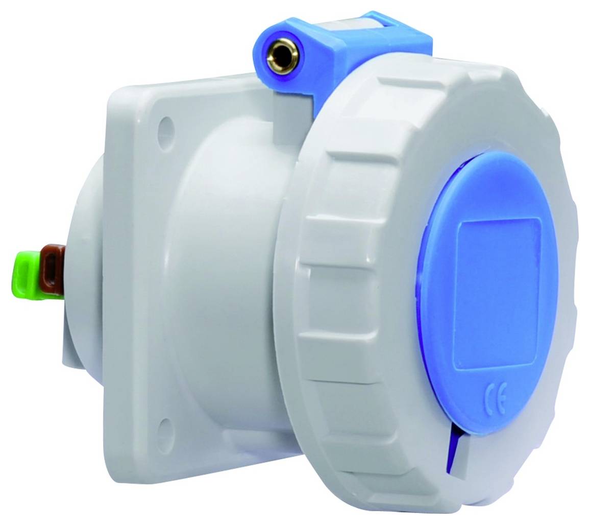 Ein industrieller blauer und weißer Elektrosteckdose. Die Buchse ist rund mit einer Schutzkappe und einem Montageflansch.