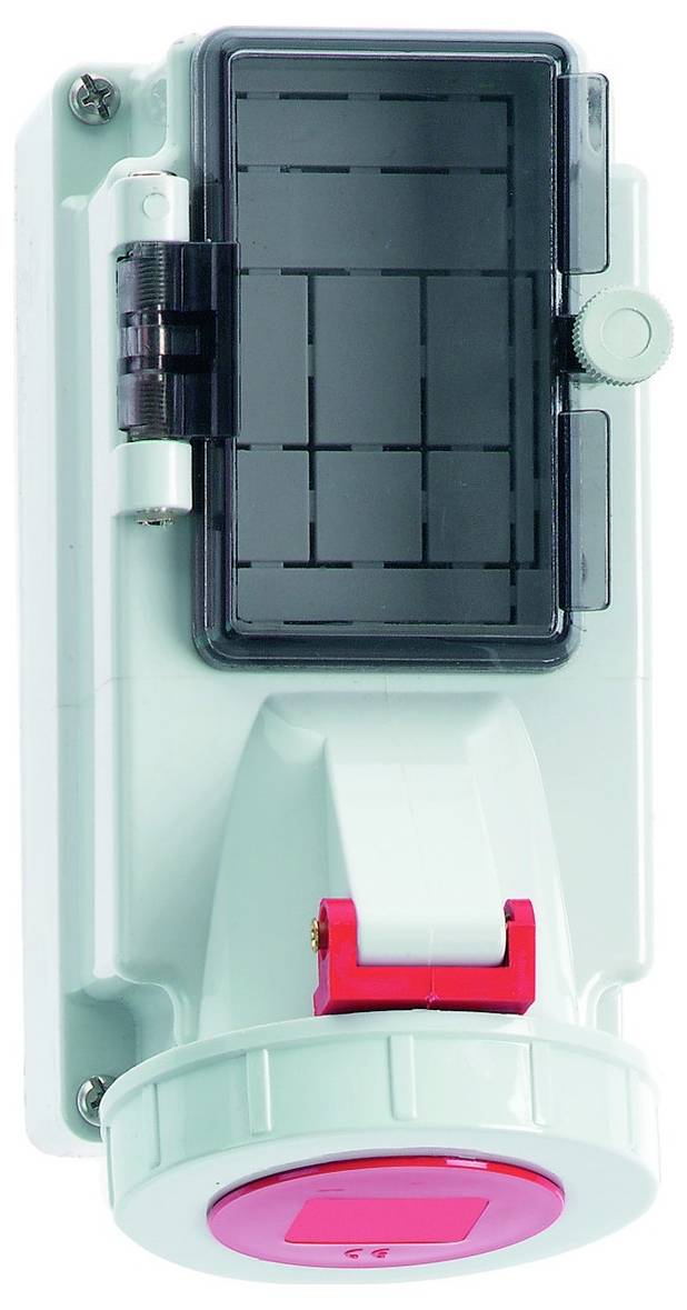 Ein hellgrünes elektronisches Gerät mit einem rechteckigen schwarzen Bildschirm oben, roten Knopf mit einem Plussymbol, montiert auf einer weißen Wandplatte.