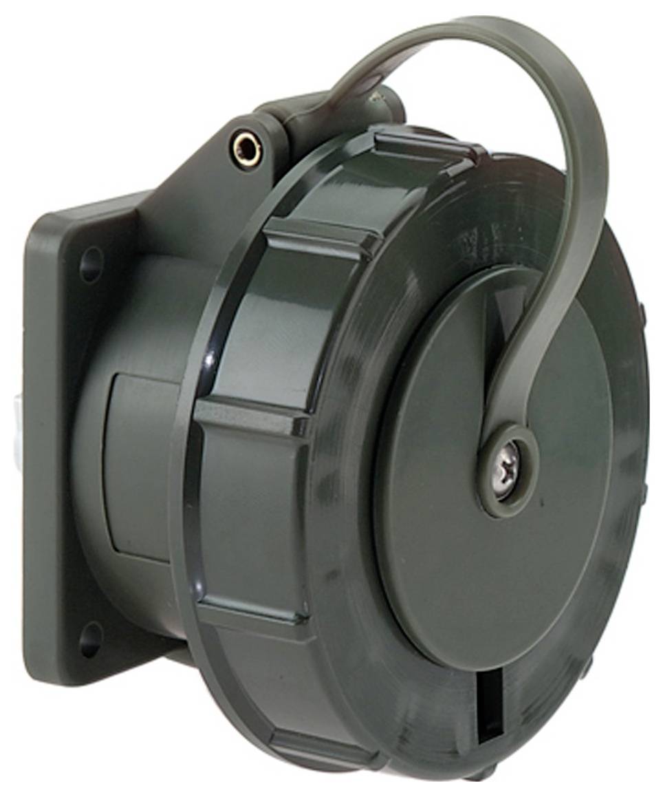 Eine runde, dunkelgrüne Industrie-Wandsteckdose mit aufklappbarem Deckel, auf einer quadratischen Platte montiert, entwickelt für robuste elektrische Verbindungen.