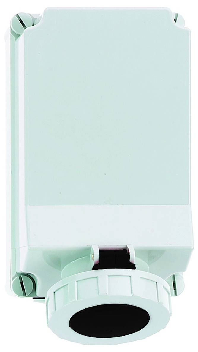 Ein rechteckiger, aquafarbener Elektroverteilungskasten mit einer kreisförmigen Öffnung und Befestigungsmechanismus an der Unterseite.