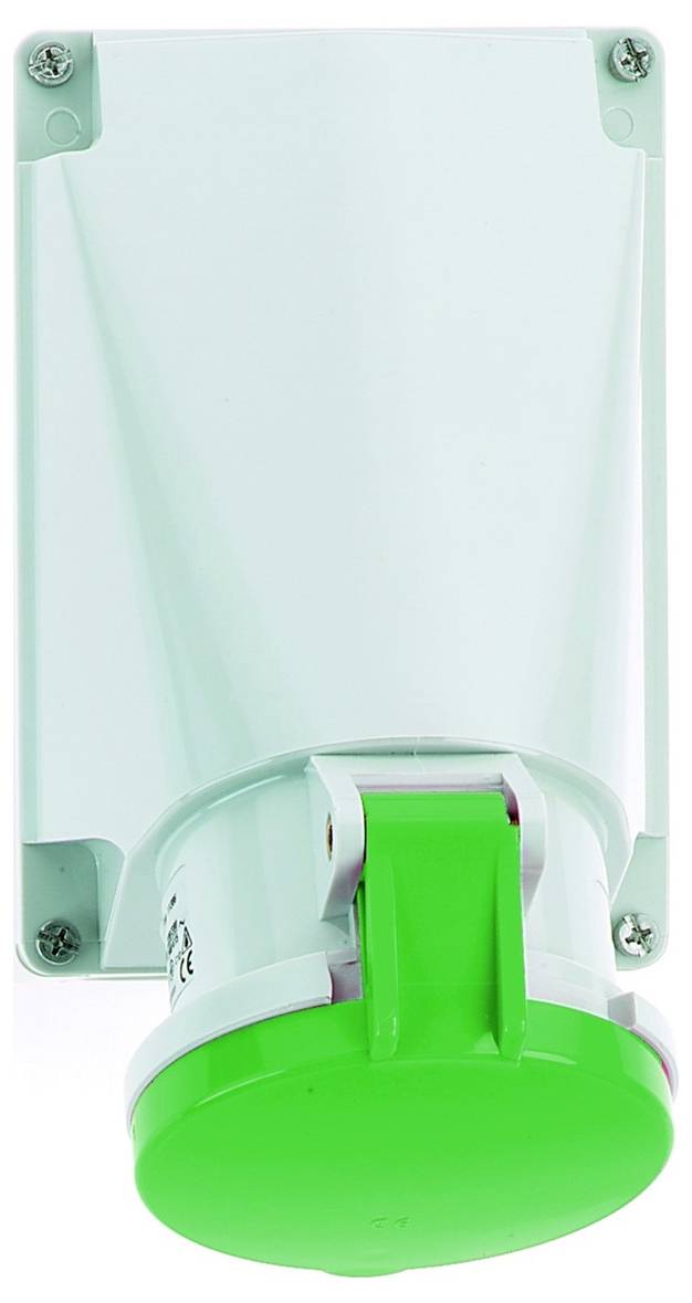 Ein graues Elektrogehäuse mit einer schwarzen transparenten Abdeckung, einem weißen Drehknopf in der Mitte und einem roten Notausschalter am unteren Ende.