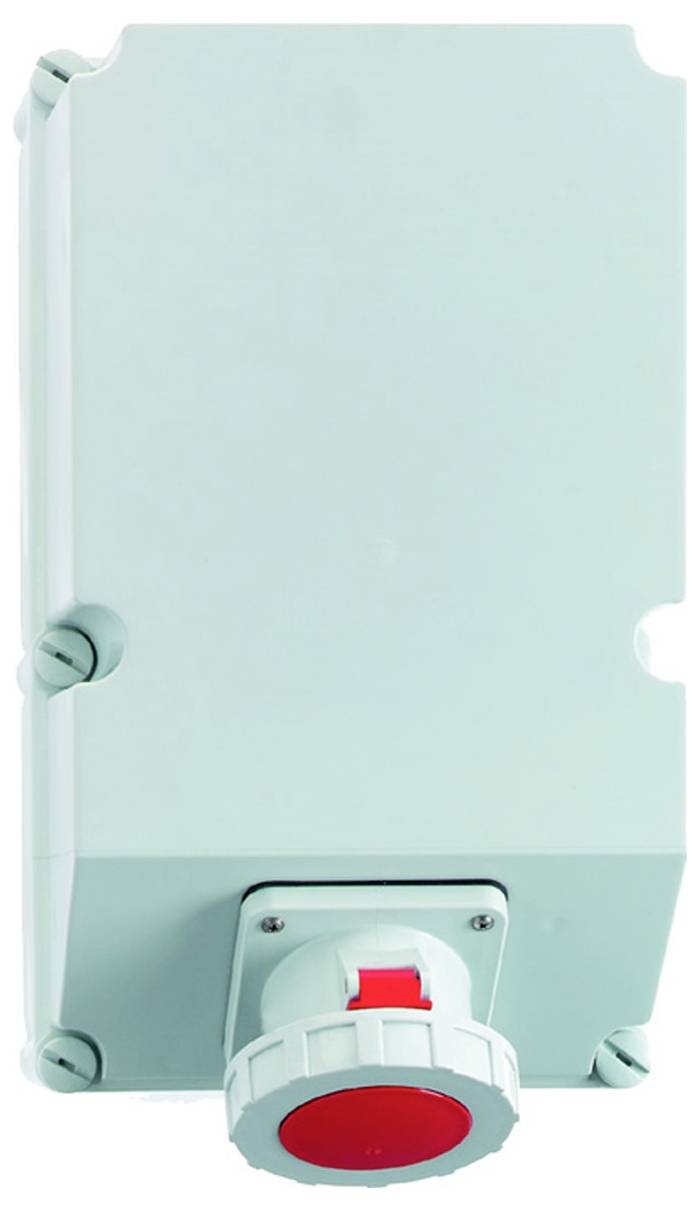 Ein hellgraues Schaltkasten mit einem großen roten Nothalteknopf am unteren Ende, entwickelt für industrielle Sicherheitszwecke.