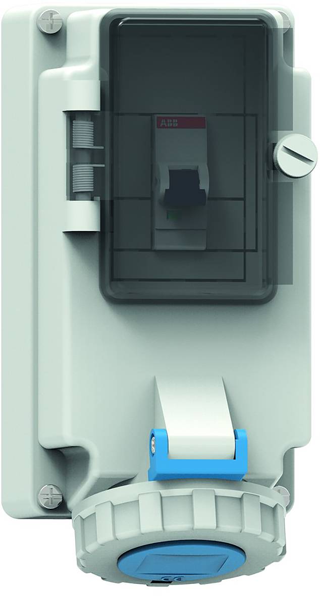 Ein grauer an der Wand montierter Industrie-Elektroschalter mit transparenter Abdeckung und blauem Griff, konzipiert für die Verwendung mit Stromversorgungssystemen.