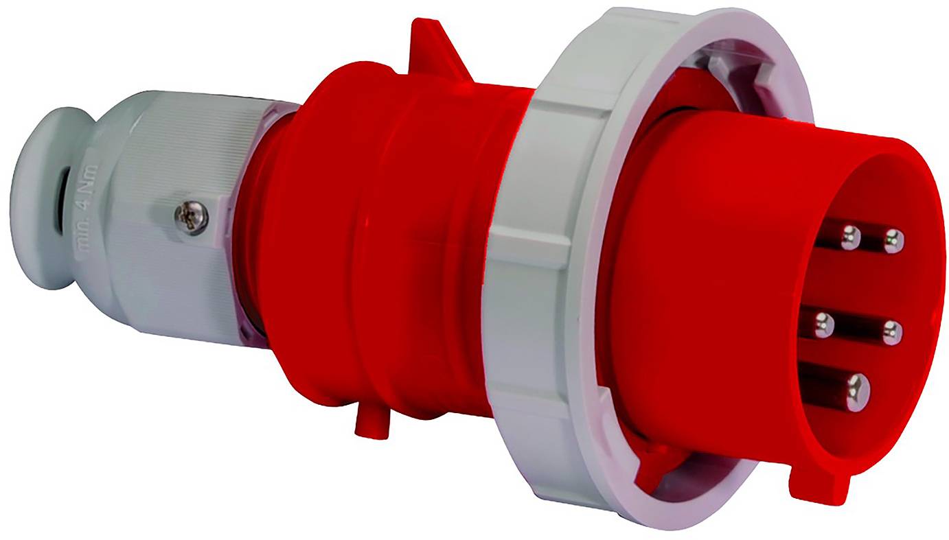 Ein graues Kunststoff-Elektrogehäuse mit einer runden Schaltscheibe und einem großen roten Sicherheitsschalter unten. Enthält leere Steckplätze für Komponenten.