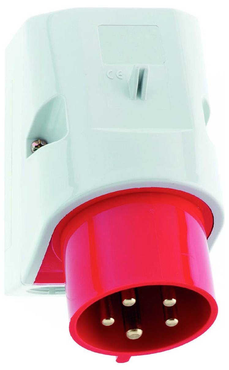 Ein roter Industriestecker mit fünf Metallstiften, befestigt an einem hellgrauen Gehäuse.