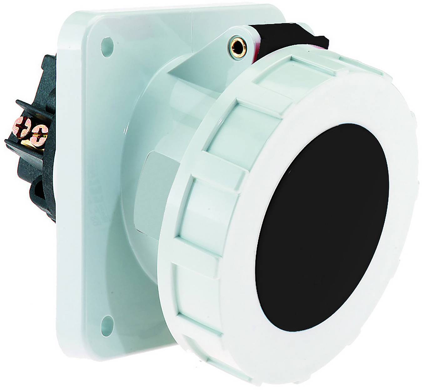 Aquamarinblauer Landstromstecker mit schwarzem kreisförmigem Stecker, entworfen für marine Elektrosysteme, mit mehreren Kontaktstiften und Befestigungspunkten.