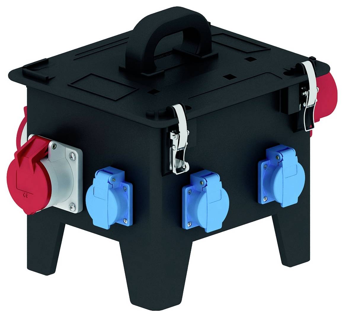 Eine tragbare elektrische Stromverteilungsbox mit Griff, mit mehreren blauen und roten Steckdosen für Verbindungen.