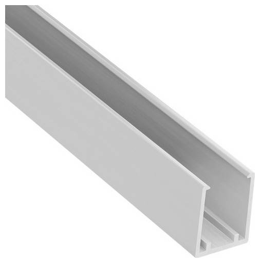 Ein U-förmiger Metallkanal, wahrscheinlich zur strukturellen Unterstützung oder als Schiene verwendet, vor einem einfachen weißen Hintergrund gezeigt.