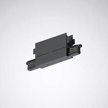Eine schwarze elektrische Komponente mit Anschlüssen an beiden Enden, schwebend vor einem grauen Hintergrund. Wahrscheinlich ein Stromschienenzubehörteil.