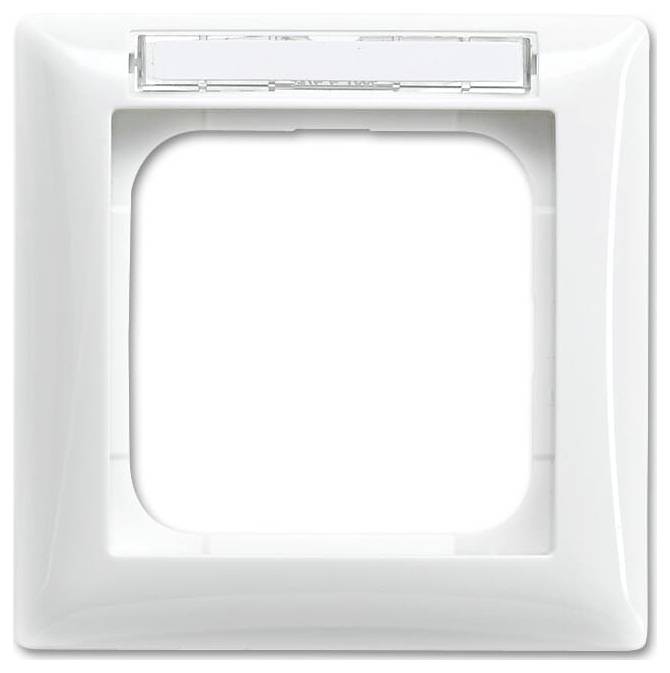Weißes Kunststoff-Elektroschalterblende mit quadratischem Ausschnitt für einen Schalter oder eine Steckdose, schlankes Design ohne sichtbare Schrauben.