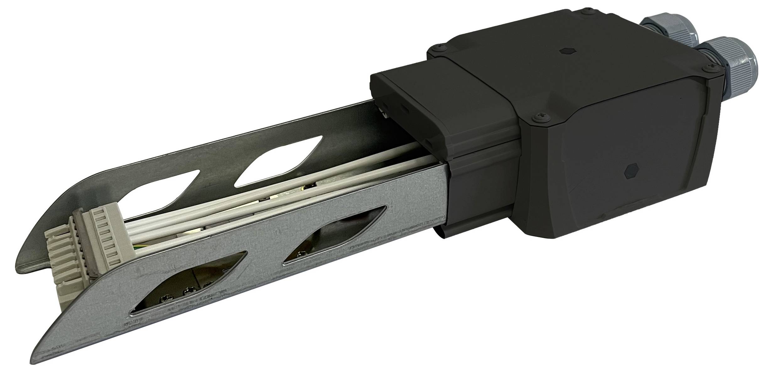Ein elektronischer Aktuator mit schwarzem rechteckigem Gehäuse und Metallkomponenten, konstruiert für präzise Steuerung in Industrieanwendungen.