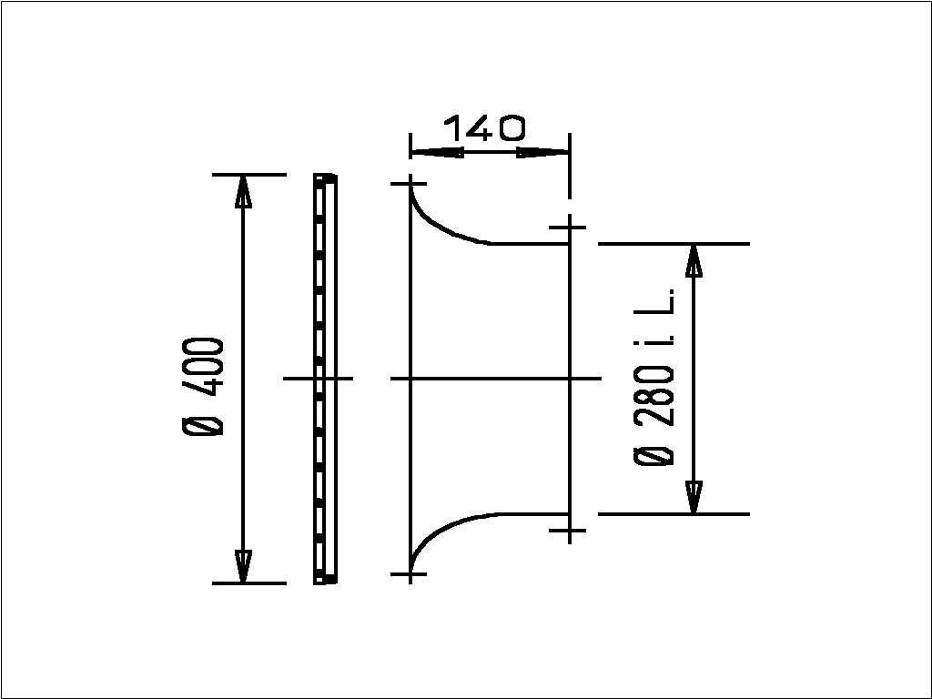 Technische Maßzeichnung eines Flansch-Rohrbogen-Reduzierers mit einer Seite von 400 mm Durchmesser, einer Seite von 280 mm Durchmesser und einer Länge von 140 mm