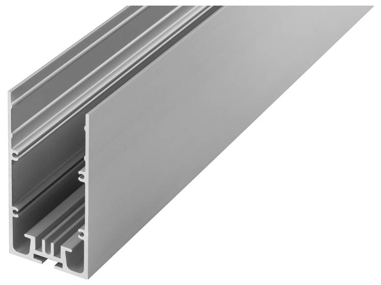 Metallisches Aluminiumprofil mit Nuten zur strukturellen Unterstützung, aus einer diagonalen Perspektive betrachtet, wobei das Querschnittsdesign sichtbar ist.
