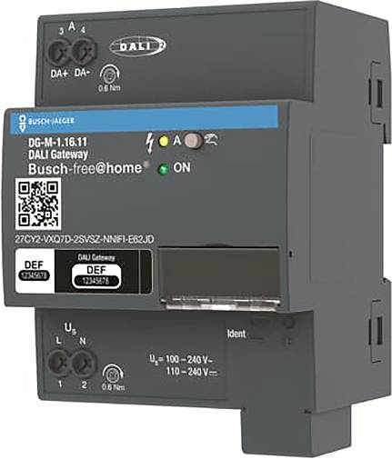 Ein schwarzes DALI-Gateway-Gerät mit Tasten und Anzeigelampen. Es verfügt über einen QR-Code, Produktdetails und Konnektivitätsindikatoren auf der Vorderseite.