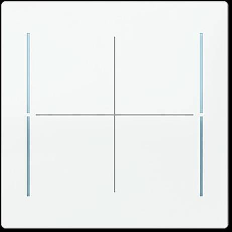 Ein einfaches weißes quadratisches Panel mit einer schwarzen horizontalen und vertikalen Linie, die sich schneiden, umgeben von dünnen blauen vertikalen Linien.