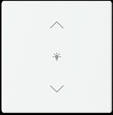 Ein quadratischer weißer Lichtschalter mit Pfeilen nach oben und unten sowie einem Glühbirnen-Symbol in der Mitte, das anpassbare Beleuchtungssteuerung anzeigt.