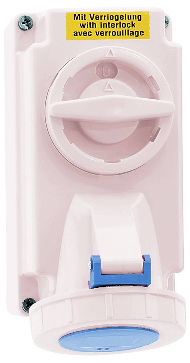 Eine Steckdose mit Verriegelung. Das Etikett oben liest: Mit Verriegelung.