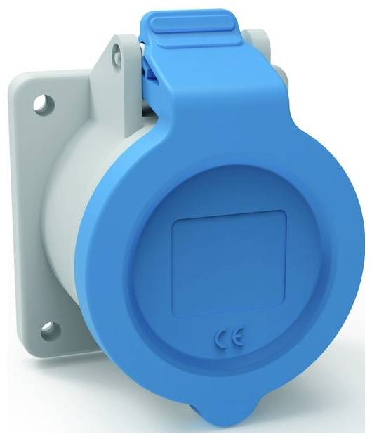 Eine blaue Industriesteckdose mit aufklappbarem Deckel, montiert auf einer hellgrauen Basis.