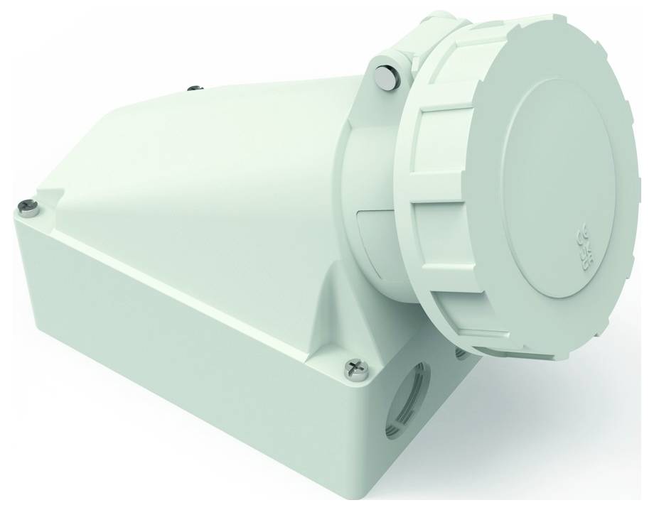 Ein hellgrauer Industrie-Elektroanschluss mit Schutzgehäuse, der ein robustes und wetterbeständiges Design aufweist.