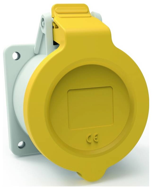 Eine runde, gelbe Industriesteckdose mit Schutzdeckel, montiert auf einer grauen Basis, verwendet für elektrische Verbindungen in industriellen Umgebungen.