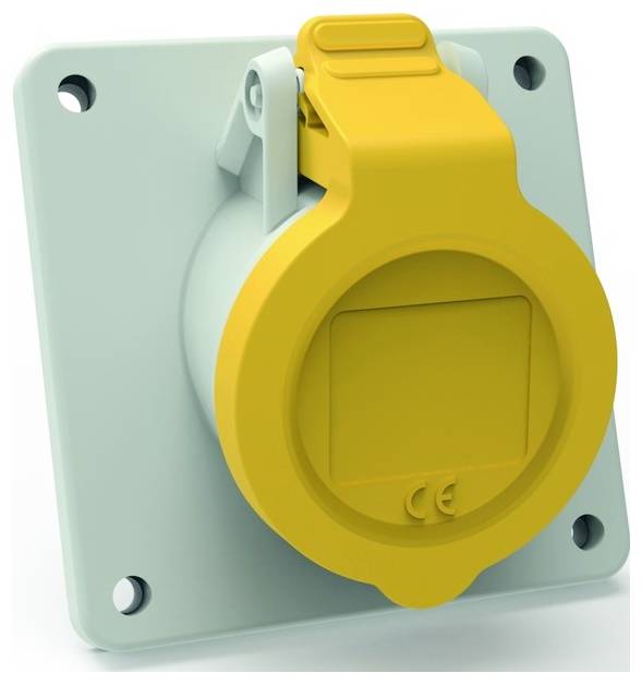 Eine gelbe Industrie-Steckdose, die auf einem grauen Paneel montiert ist.