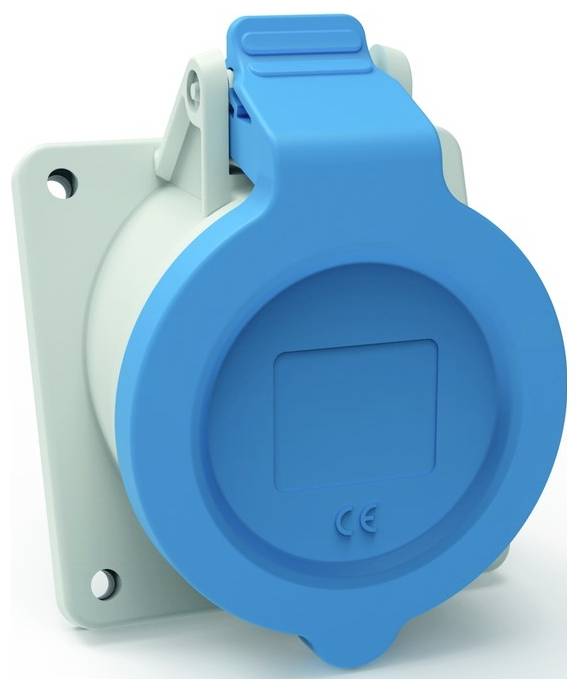 Eine blaue industrielle Elektrosteckdose mit Schutzkappe, montiert auf einer hellgrauen Basis, für die Außenverwendung konzipiert und mit CE-Kennzeichnung versehen.