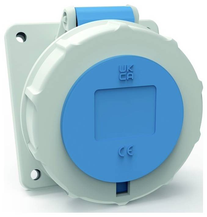 Ein blauer und grauer Elektrostecker mit einer Schutzabdeckung, an einer Wand montiert. CE- und UKCA-Zertifizierungen sind auf der Abdeckung sichtbar.