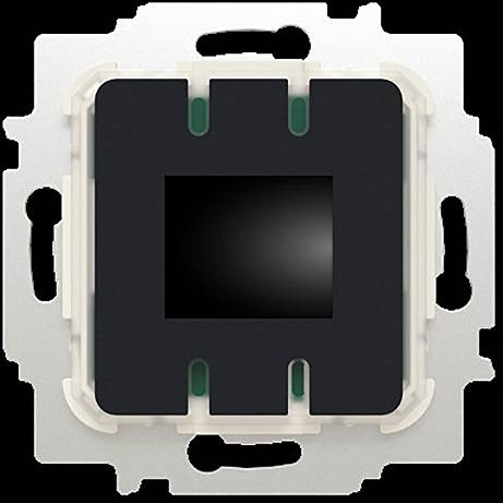 Ein quadratischer elektronischer Chip mit einem zentralen schwarzen Bereich und metallischen Rändern, mit einem symmetrischen Design und mehreren Anschlüssen.
