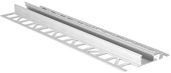 Ein Aluminiumfliesenprofil mit T-förmigem Profil zum Abschluss von Fliesenkanten, ausgestattet mit einer perforierten Oberfläche für sichere Haftung auf Untergründen.